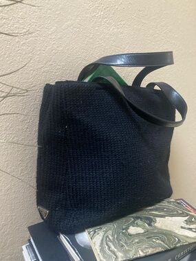 Prada Black Knit Tote Bag w/ Leather Handles – Textured Minimal